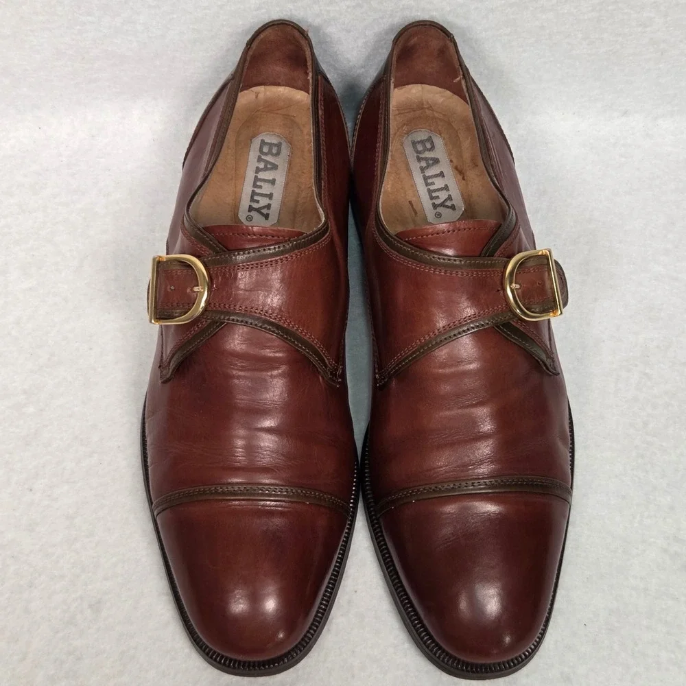 Vtg Bally Monk Strap Shoes Mens 44 Brown Two Tone Leather Cap‎ Toe Made in Italy